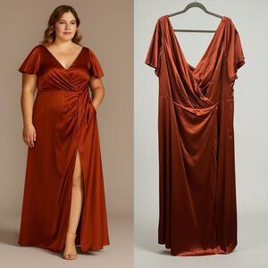 Plus Size 26 Rust Satin Wrap Maxi Dress Flutter Sleeve Slit Formal Evening Gown